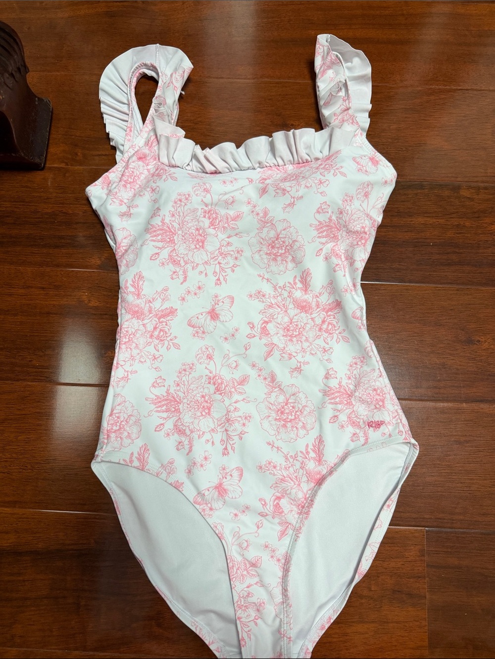 Ruffle Butts White One-Piece Swimsuit with Pink Floral Print